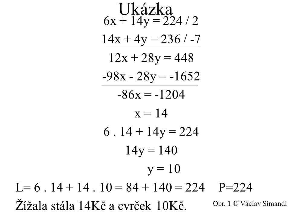 Ukázka 6x + 14y = 224 / 2 14x + 4y = 236 / -7 12x + 28y = 448