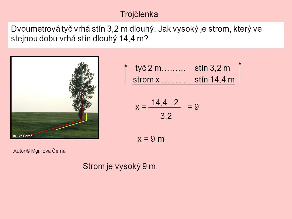 Trojčlenka Dvoumetrová tyč vrhá stín 3,2 m dlouhý. Jak vysoký je strom, který ve stejnou dobu vrhá stín dlouhý 14,4 m