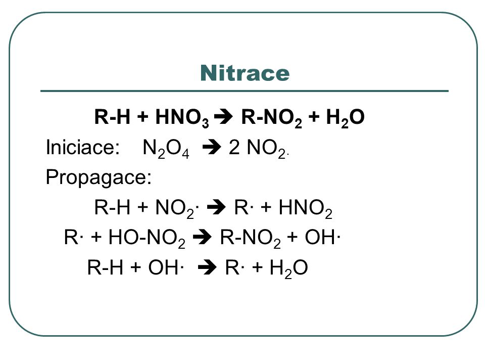 Nitrace R-H + HNO3  R-NO2 + H2O Iniciace: N2O4  2 NO2· Propagace:
