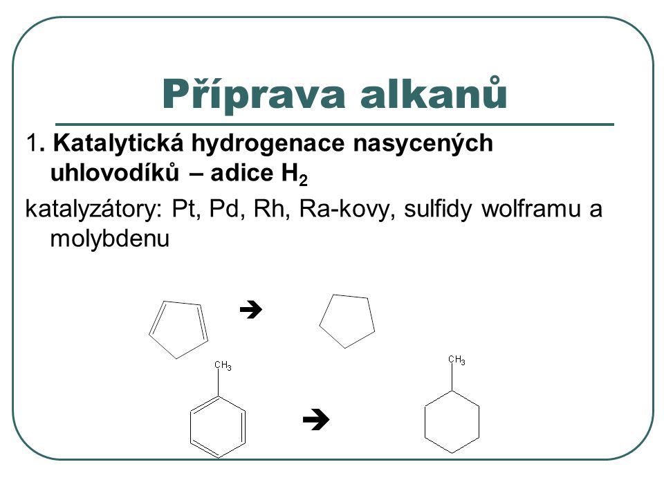 Příprava alkanů 1. Katalytická hydrogenace nasycených uhlovodíků – adice H2. katalyzátory: Pt, Pd, Rh, Ra-kovy, sulfidy wolframu a molybdenu.