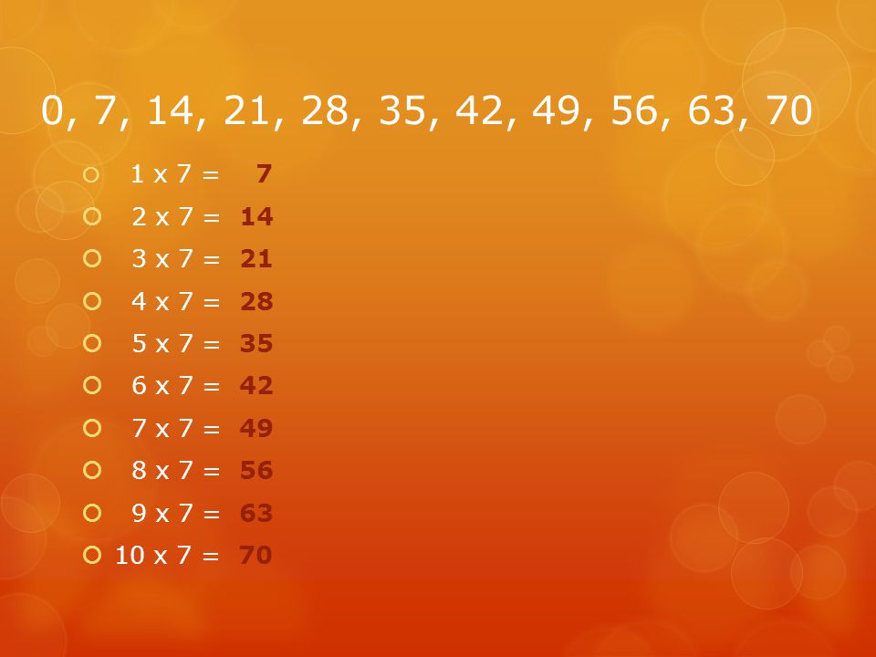 0, 7, 14, 21, 28, 35, 42, 49, 56, 63, 70 1 x 7 = 7. 2 x 7 = x 7 = x 7 = x 7 = 35.