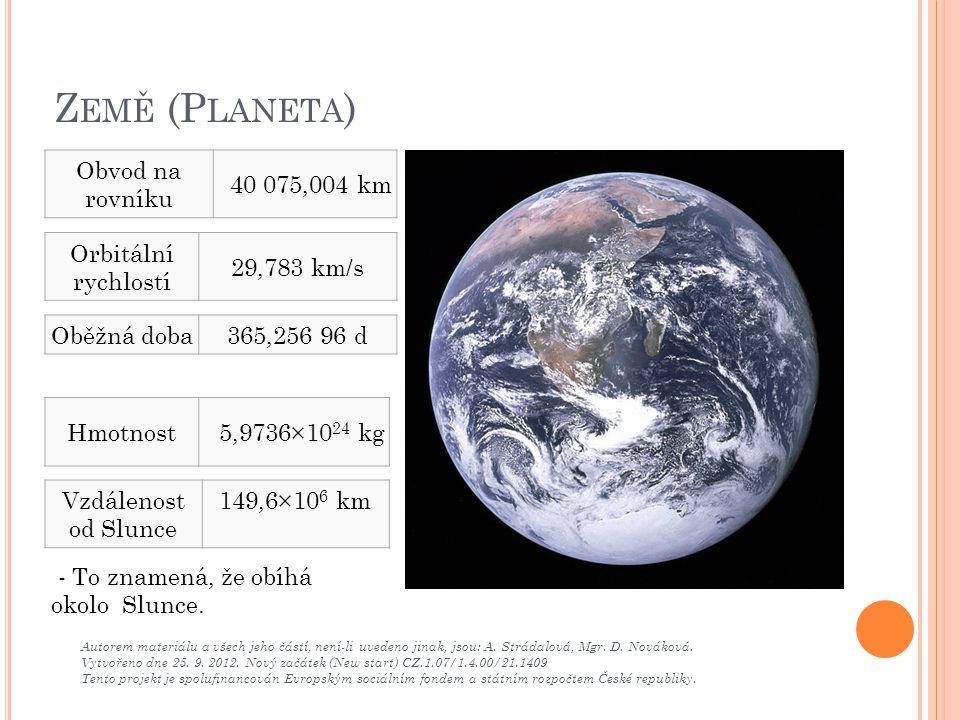 Země (Planeta) Obvod na rovníku ,004 km Orbitální rychlostí