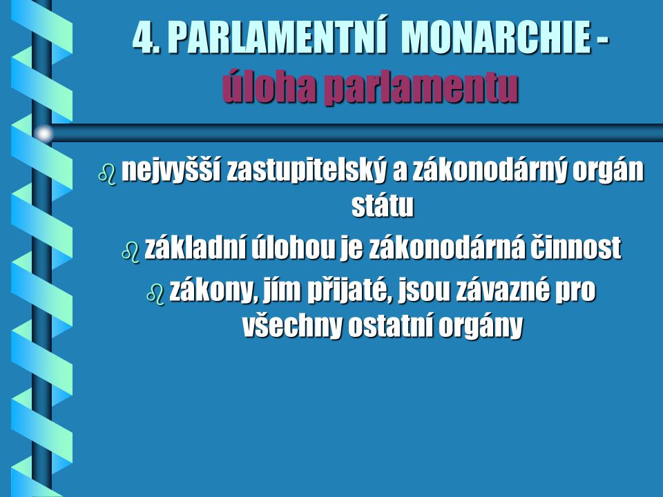 4. PARLAMENTNÍ MONARCHIE - úloha parlamentu
