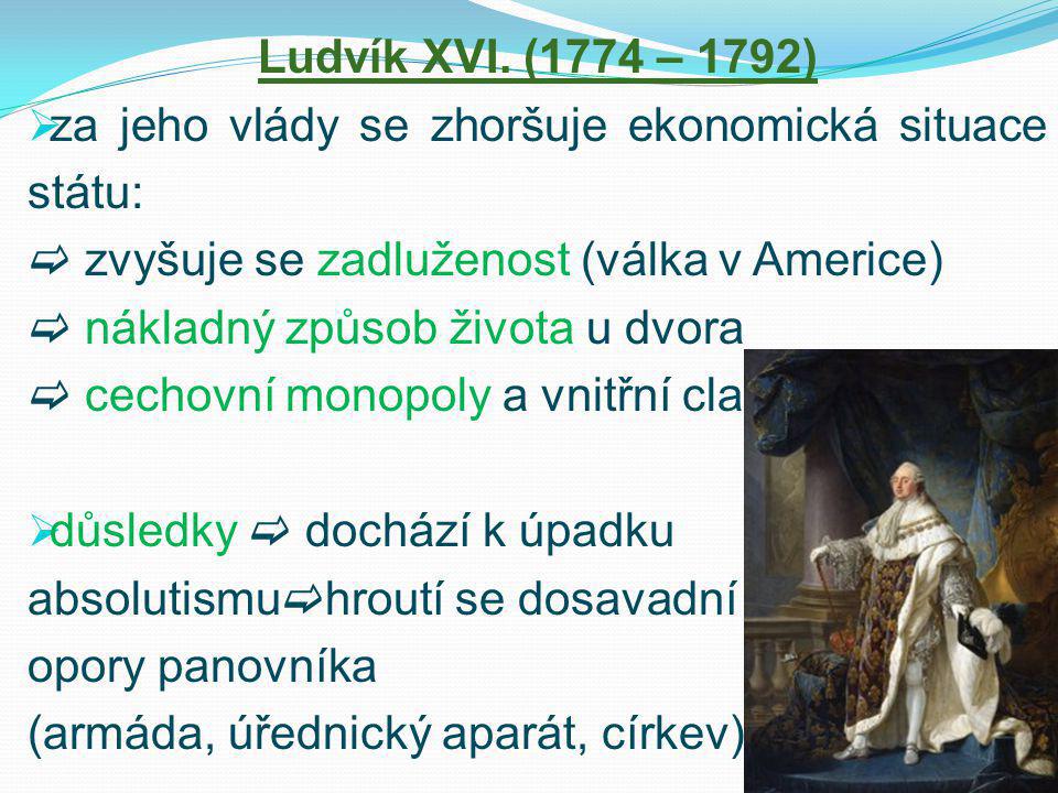 Ludvík XVI. (1774 – 1792) za jeho vlády se zhoršuje ekonomická situace státu:  zvyšuje se zadluženost (válka v Americe)