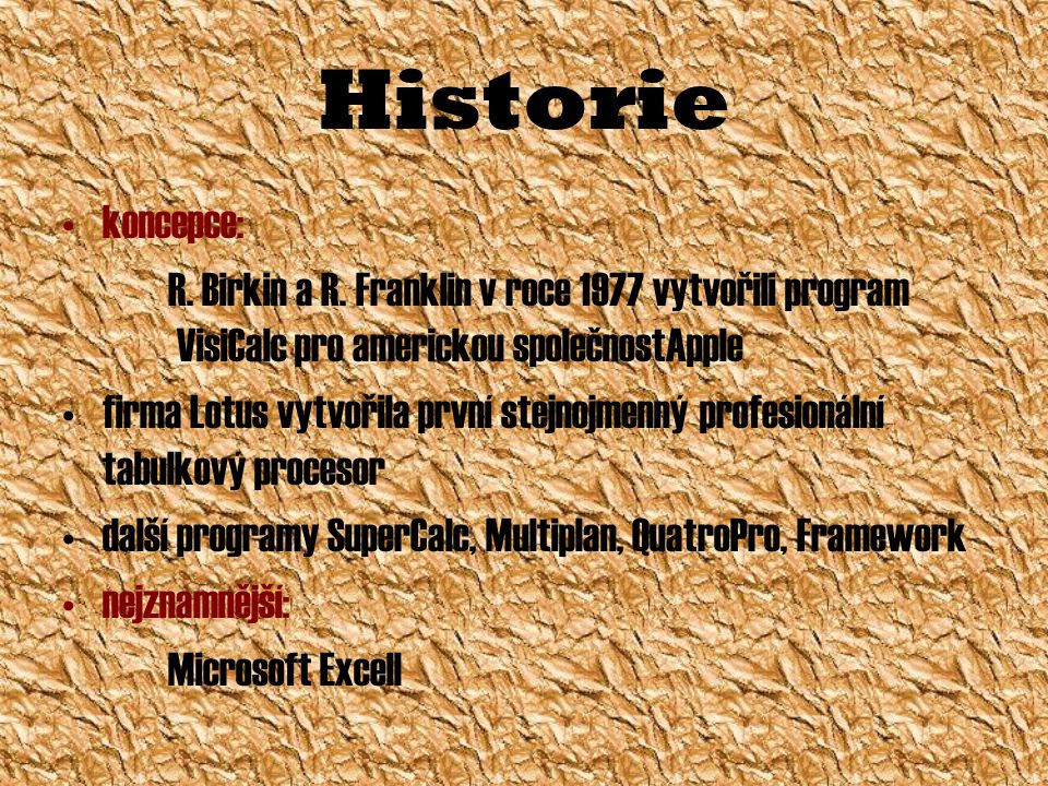Historie koncepce: R. Birkin a R. Franklin v roce 1977 vytvořili program VisiCalc pro americkou společnostApple.