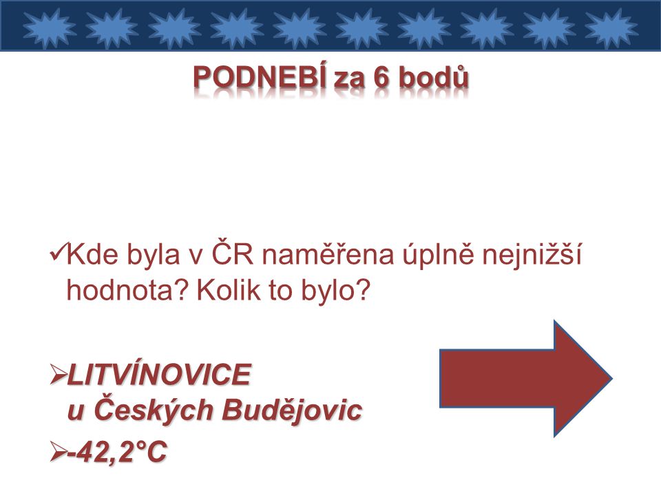 PODNEBÍ za 6 bodů Kde byla v ČR naměřena úplně nejnižší hodnota Kolik to bylo LITVÍNOVICE u Českých Budějovic.