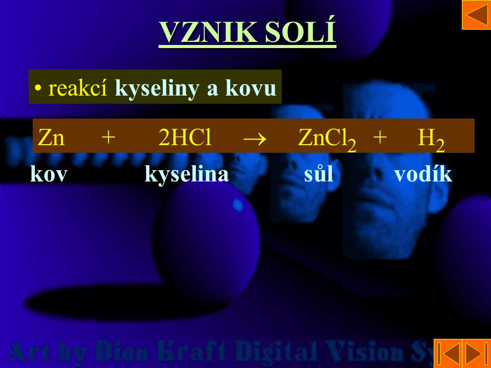VZNIK SOLÍ reakcí kyseliny a kovu Zn + 2HCl  ZnCl2 + H2 kov kyselina
