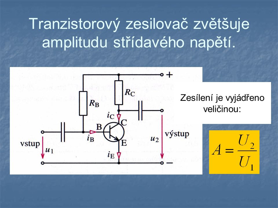 Tranzistorový zesilovač zvětšuje amplitudu střídavého napětí.