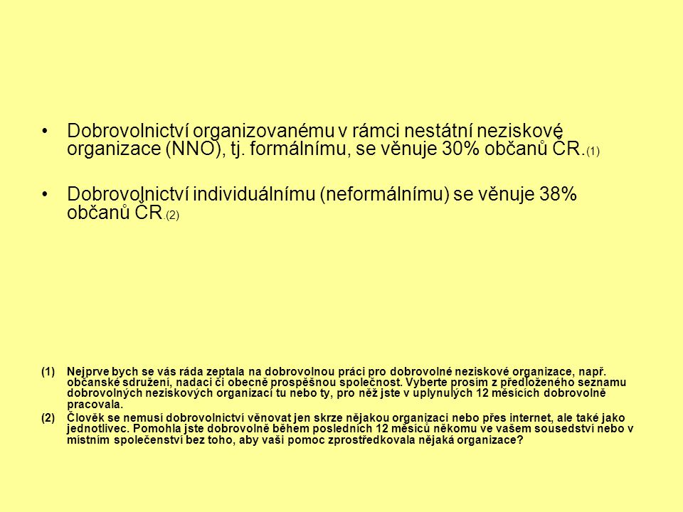 Dobrovolnictví organizovanému v rámci nestátní neziskové organizace (NNO), tj. formálnímu, se věnuje 30% občanů ČR.(1)