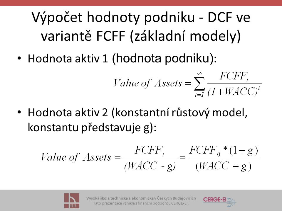 Výpočet hodnoty podniku - DCF ve variantě FCFF (základní modely)
