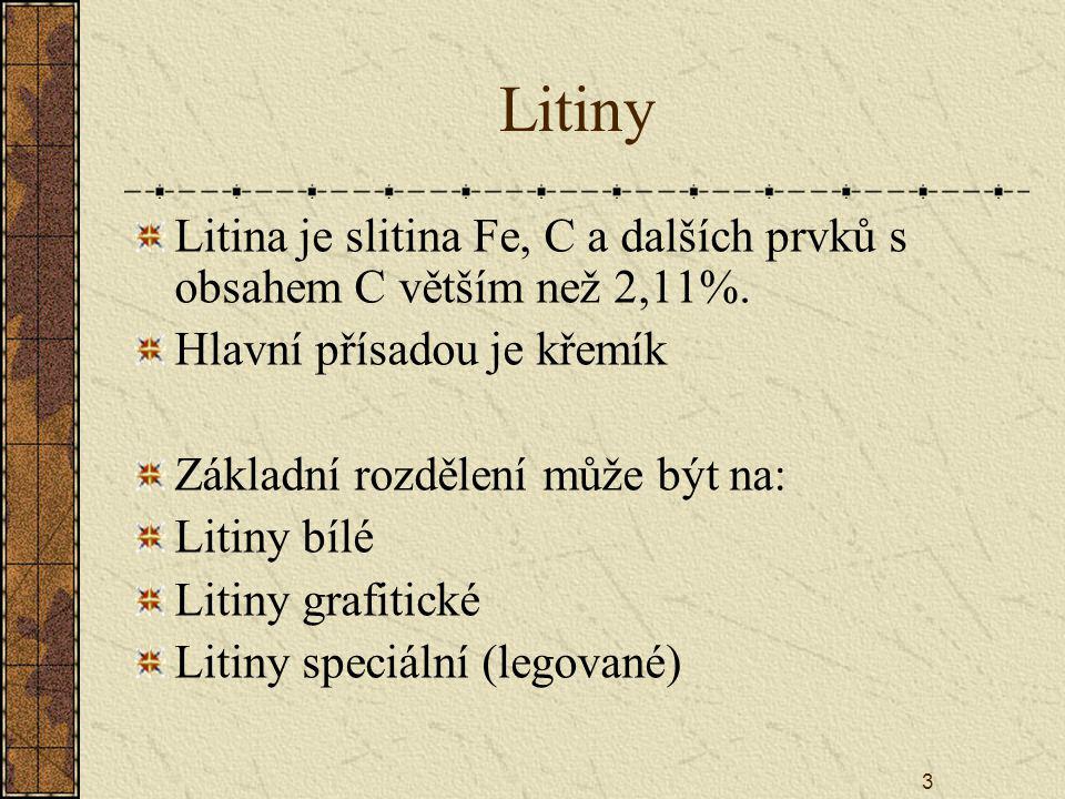 Litiny Litina je slitina Fe, C a dalších prvků s obsahem C větším než 2,11%. Hlavní přísadou je křemík.
