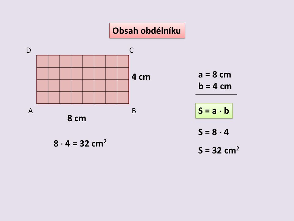 Obsah obdélníku a = 8 cm 4 cm b = 4 cm S = a  b 8 cm S = 8  4