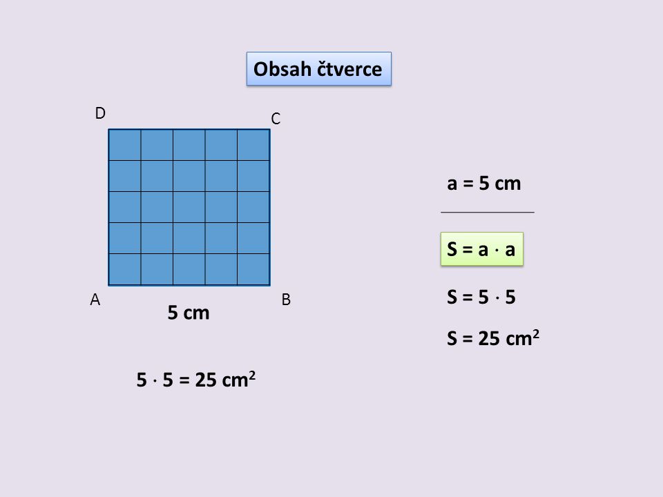 Obsah čtverce a = 5 cm S = a  a S = 5  5 5 cm S = 25 cm2