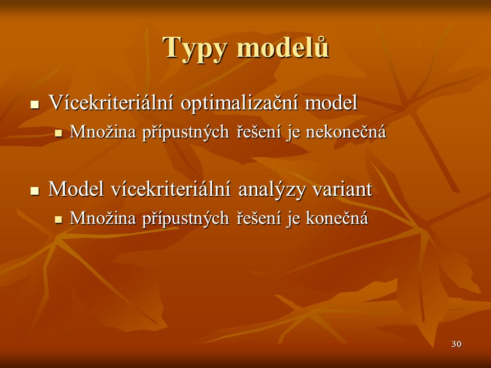 Typy modelů Vícekriteriální optimalizační model