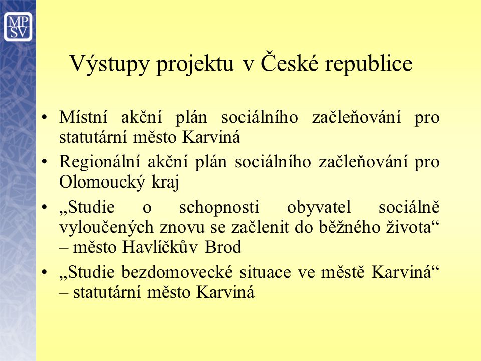 Výstupy projektu v České republice