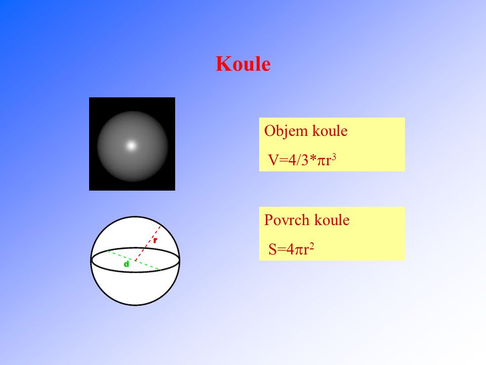 Koule Objem koule V=4/3*r3 Povrch koule S=4r2