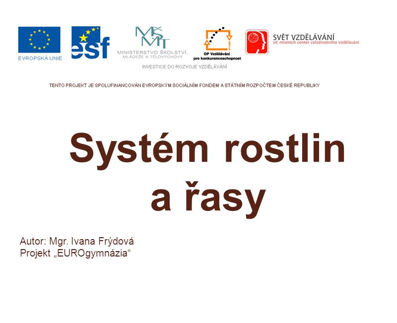 Systém rostlin a řasy Autor: Mgr. Ivana Frýdová Projekt „EUROgymnázia