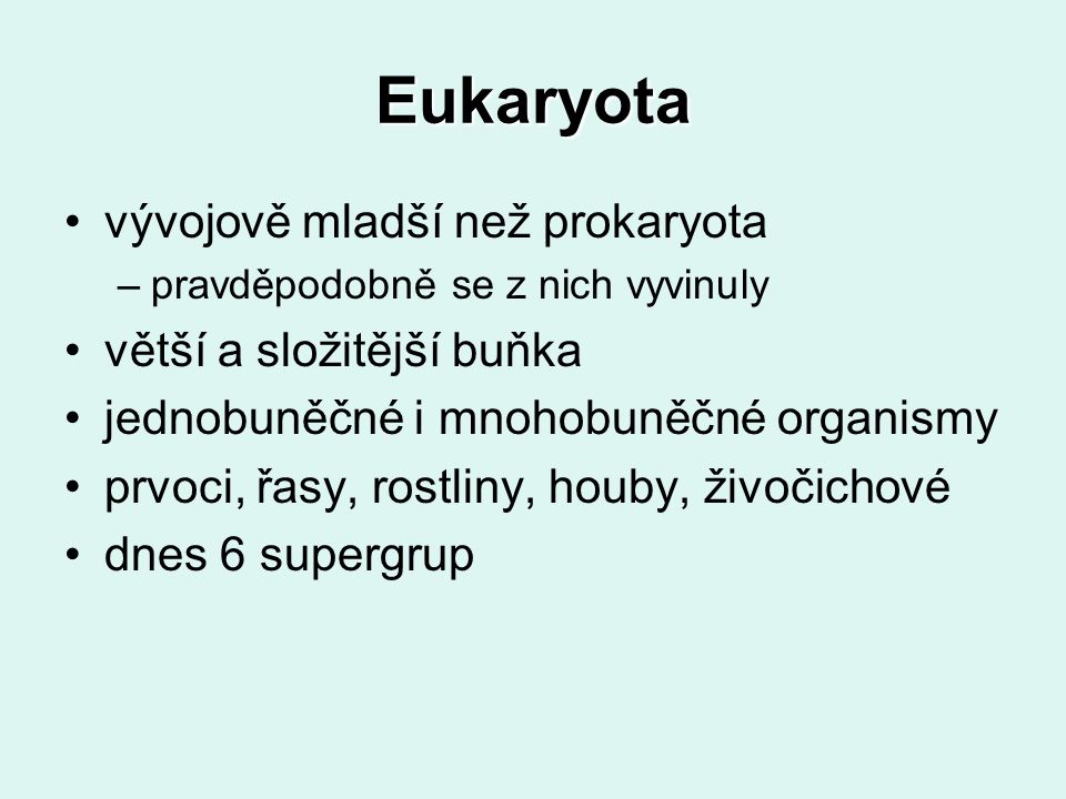Eukaryota vývojově mladší než prokaryota větší a složitější buňka