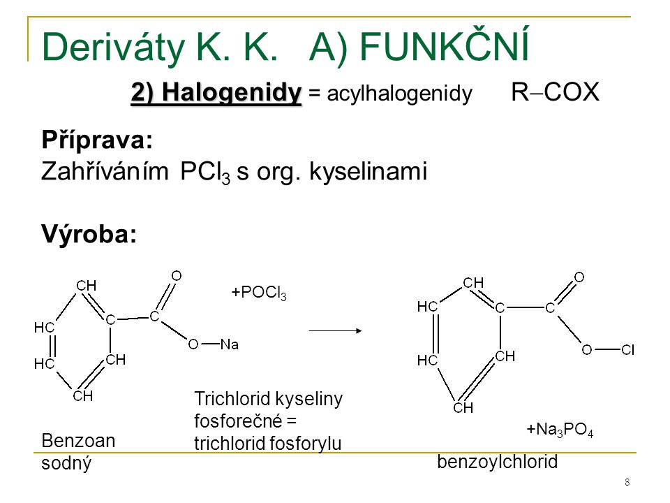 Deriváty K. K. A) FUNKČNÍ 2) Halogenidy = acylhalogenidy RCOX