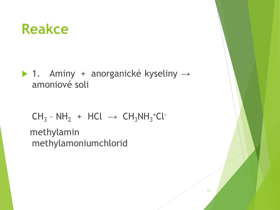 Reakce 1. Aminy + anorganické kyseliny → amoniové soli