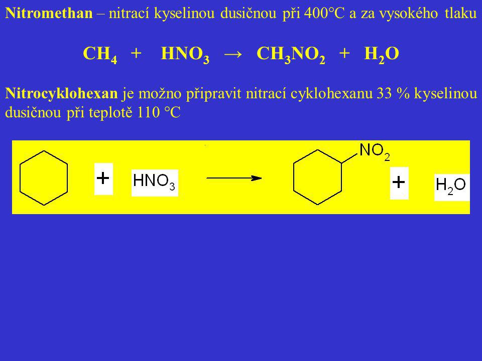 Nitromethan – nitrací kyselinou dusičnou při 400°C a za vysokého tlaku