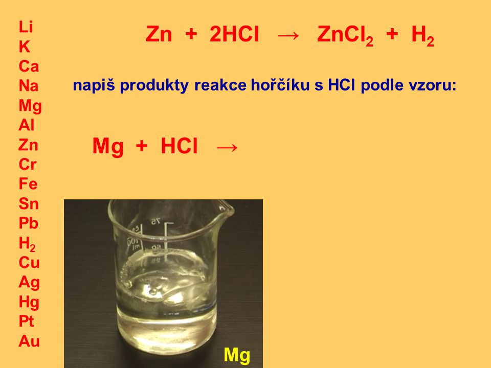 Zn + 2HCl → ZnCl2 + H2 Mg + HCl → Mg Li K Ca Na Mg Al Zn