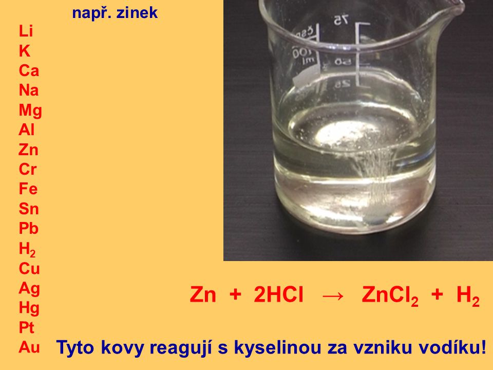 Zn + 2HCl → ZnCl2 + H2 Tyto kovy reagují s kyselinou za vzniku vodíku!