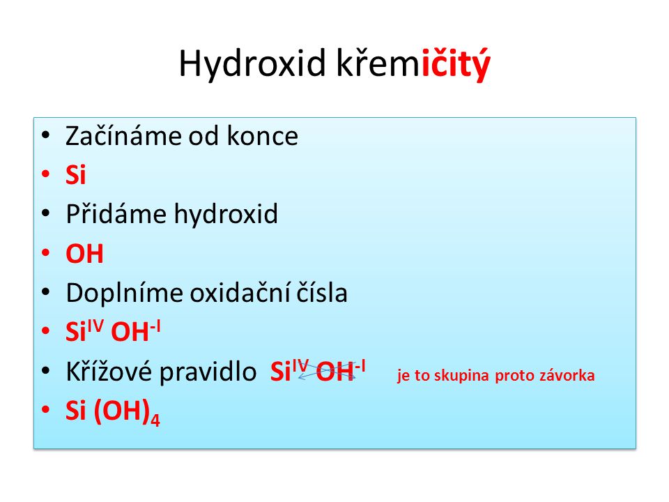 Hydroxid křemičitý Začínáme od konce Si Přidáme hydroxid OH
