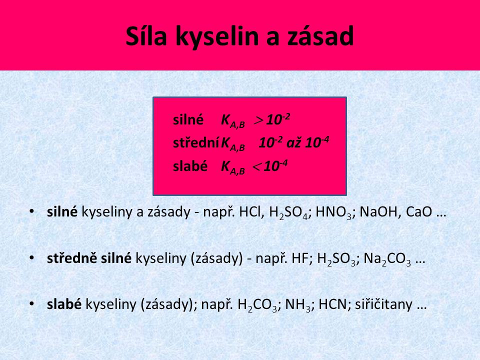 Síla kyselin a zásad silné KA,B  10-2 střední KA,B 10-2 až 10-4