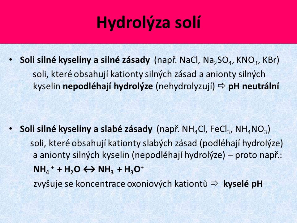Hydrolýza solí Soli silné kyseliny a silné zásady (např. NaCl, Na2SO4, KNO3, KBr)