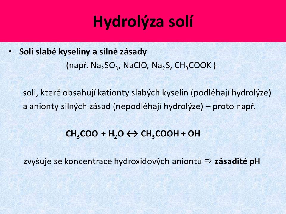Hydrolýza solí Soli slabé kyseliny a silné zásady