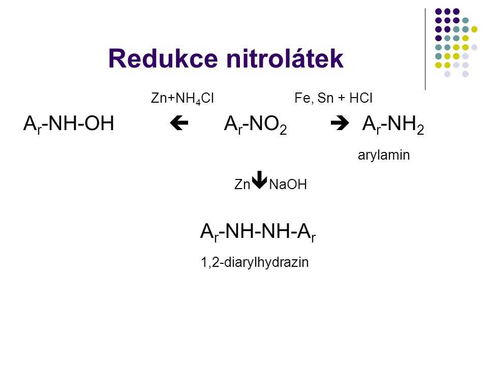 Redukce nitrolátek Ar-NH-OH  Ar-NO2  Ar-NH2 arylamin ZnNaOH