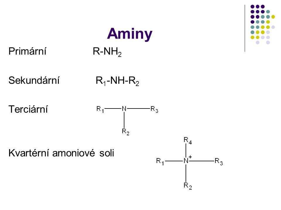 Aminy Primární R-NH2 Sekundární R1-NH-R2 Terciární