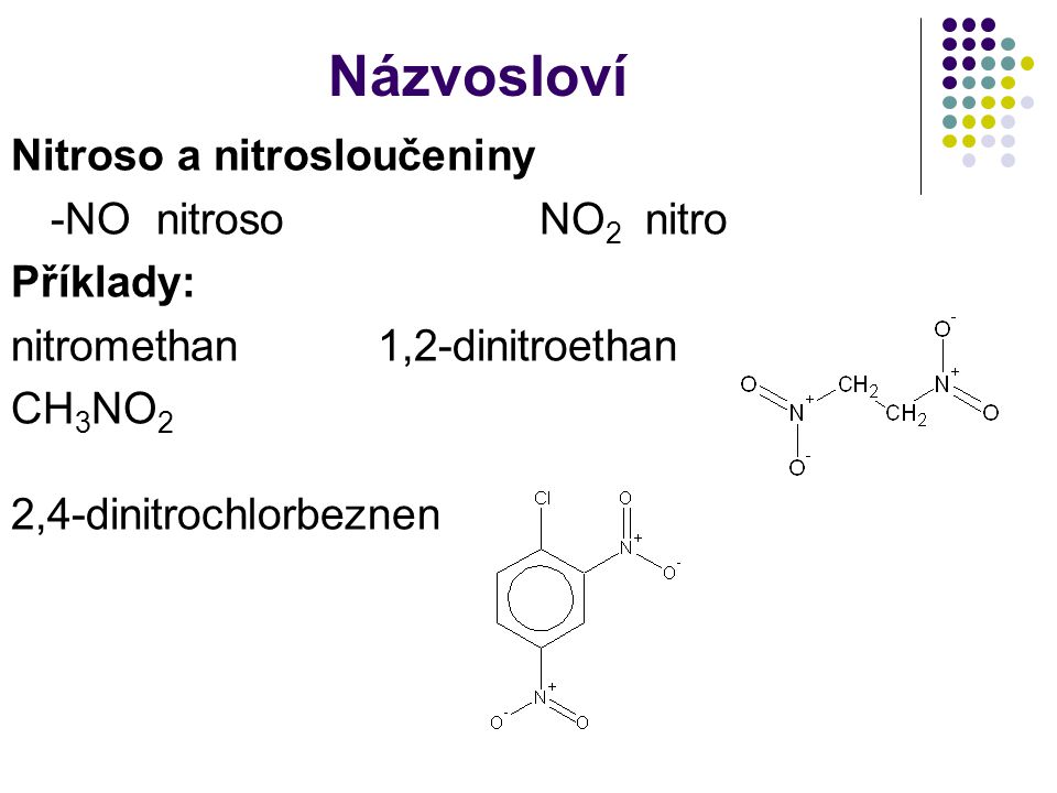 Názvosloví Nitroso a nitrosloučeniny -NO nitroso NO2 nitro Příklady: