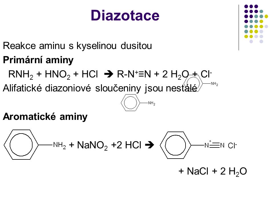 Diazotace Reakce aminu s kyselinou dusitou Primární aminy
