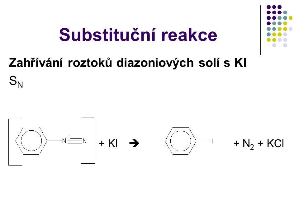 Substituční reakce Zahřívání roztoků diazoniových solí s KI SN