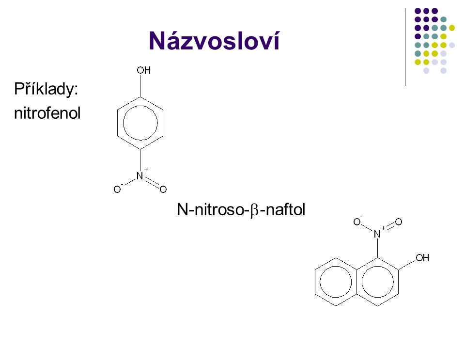 Názvosloví Příklady: nitrofenol N-nitroso--naftol