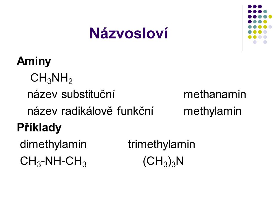 Názvosloví Aminy CH3NH2 název substituční methanamin