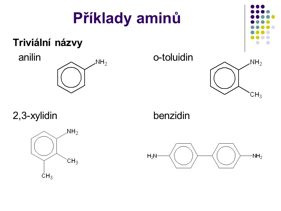 Příklady aminů Triviální názvy anilin o-toluidin 2,3-xylidin benzidin