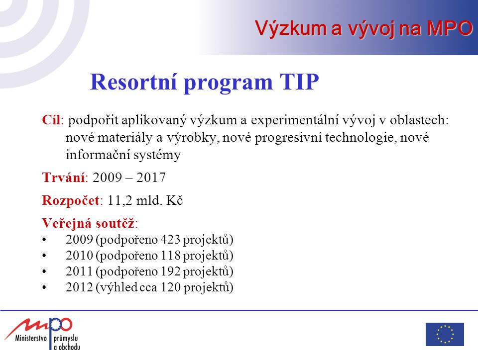 Resortní program TIP Výzkum a vývoj na MPO