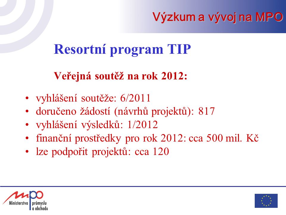 Resortní program TIP Výzkum a vývoj na MPO Veřejná soutěž na rok 2012: