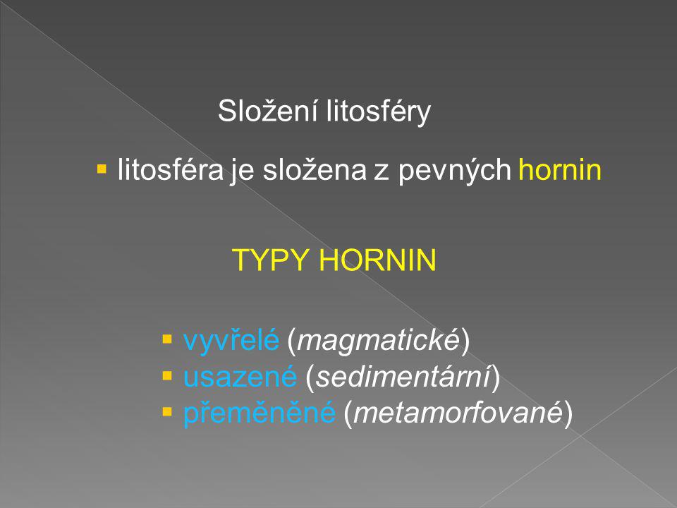 Složení litosféry litosféra je složena z pevných hornin. TYPY HORNIN. vyvřelé (magmatické) usazené (sedimentární)