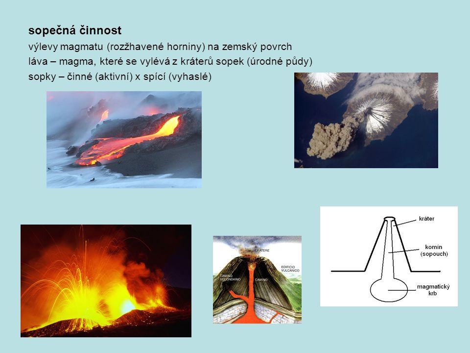 sopečná činnost výlevy magmatu (rozžhavené horniny) na zemský povrch