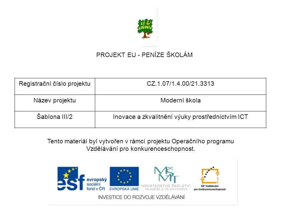 PROJEKT EU - PENÍZE ŠKOLÁM Registrační číslo projektu
