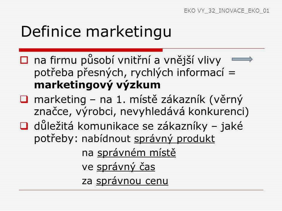 EKO VY_32_INOVACE_EKO_01 Definice marketingu. na firmu působí vnitřní a vnější vlivy potřeba přesných, rychlých informací = marketingový výzkum.