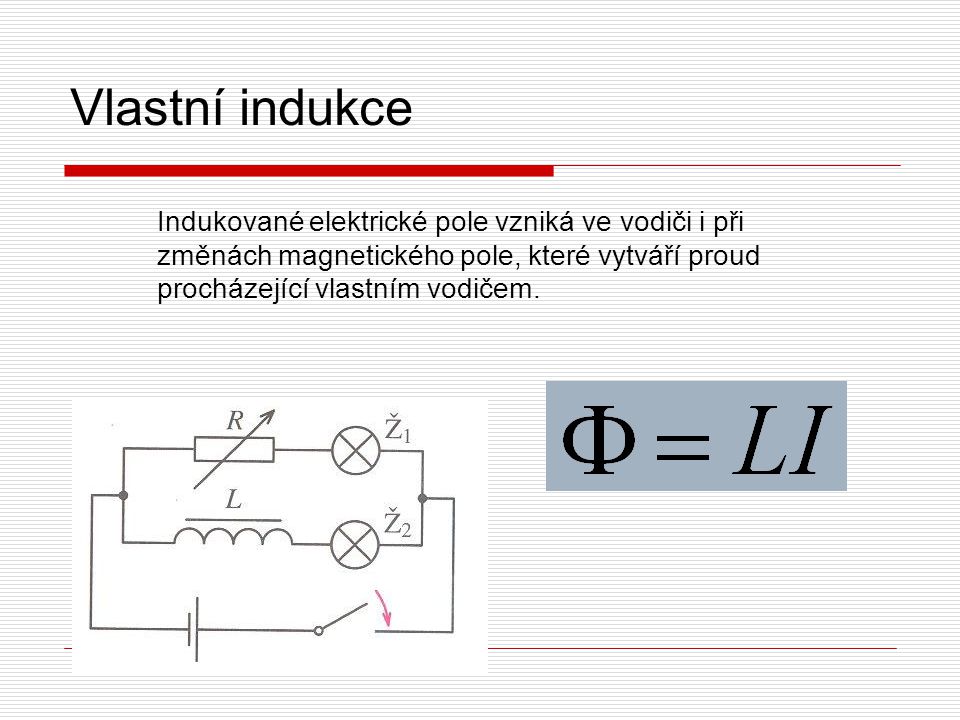 Vlastní indukce Indukované elektrické pole vzniká ve vodiči i při změnách magnetického pole, které vytváří proud procházející vlastním vodičem.
