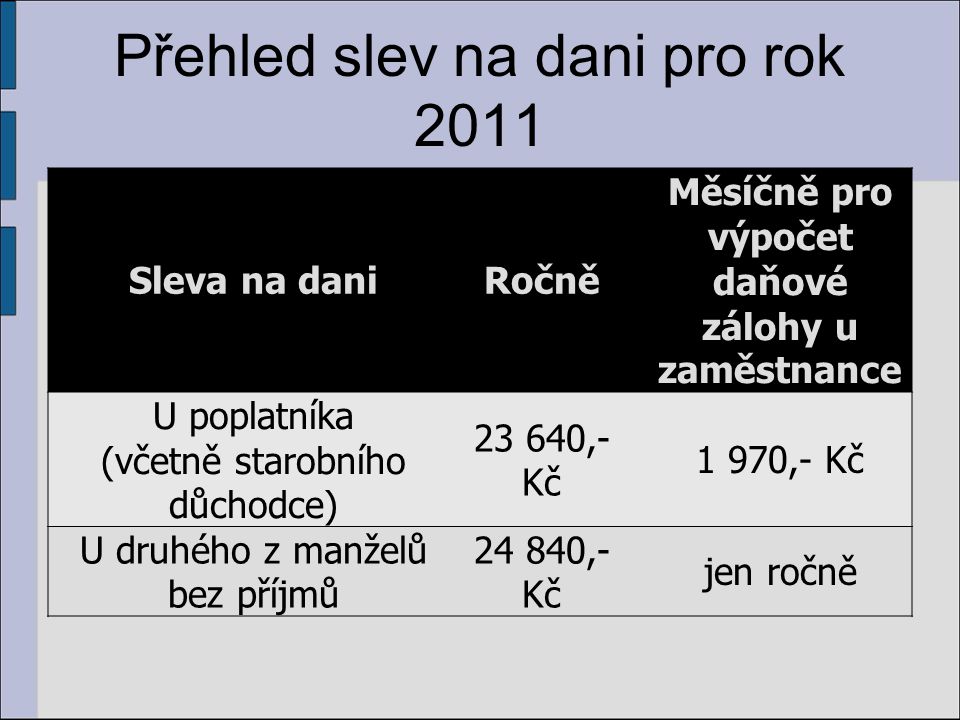 Přehled slev na dani pro rok 2011