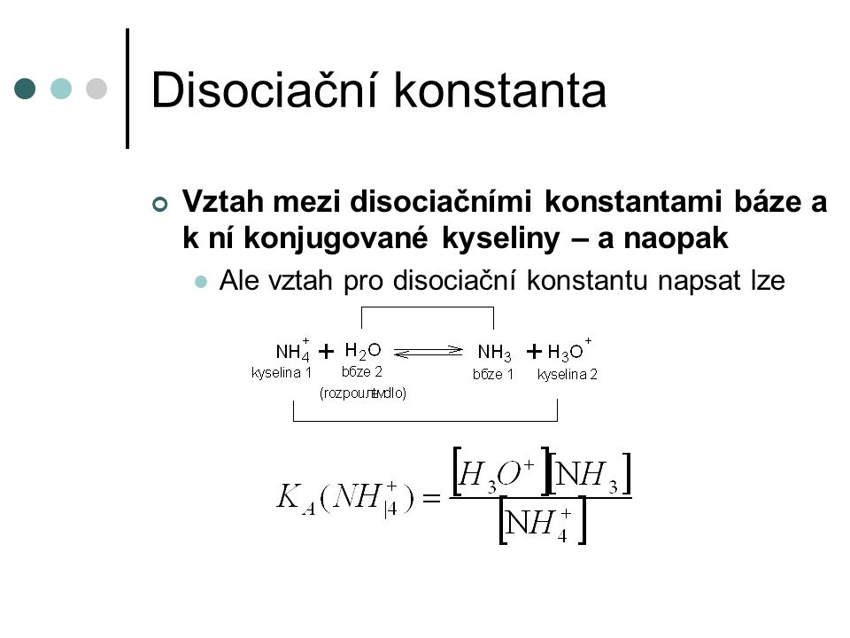 Disociační konstanta Vztah mezi disociačními konstantami báze a k ní konjugované kyseliny – a naopak.