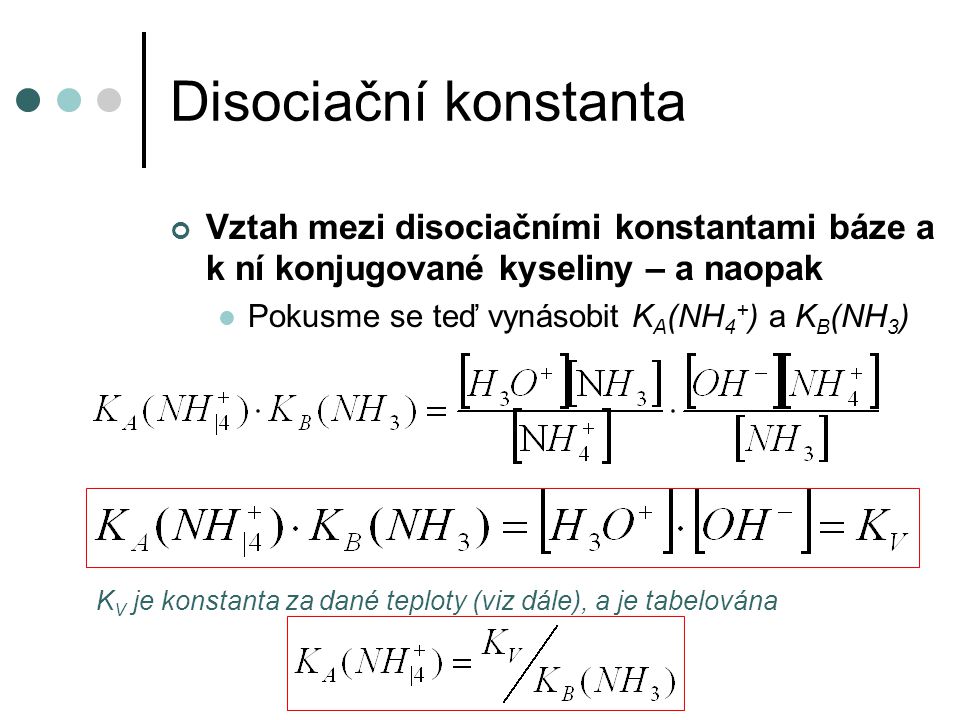 Disociační konstanta Vztah mezi disociačními konstantami báze a k ní konjugované kyseliny – a naopak.
