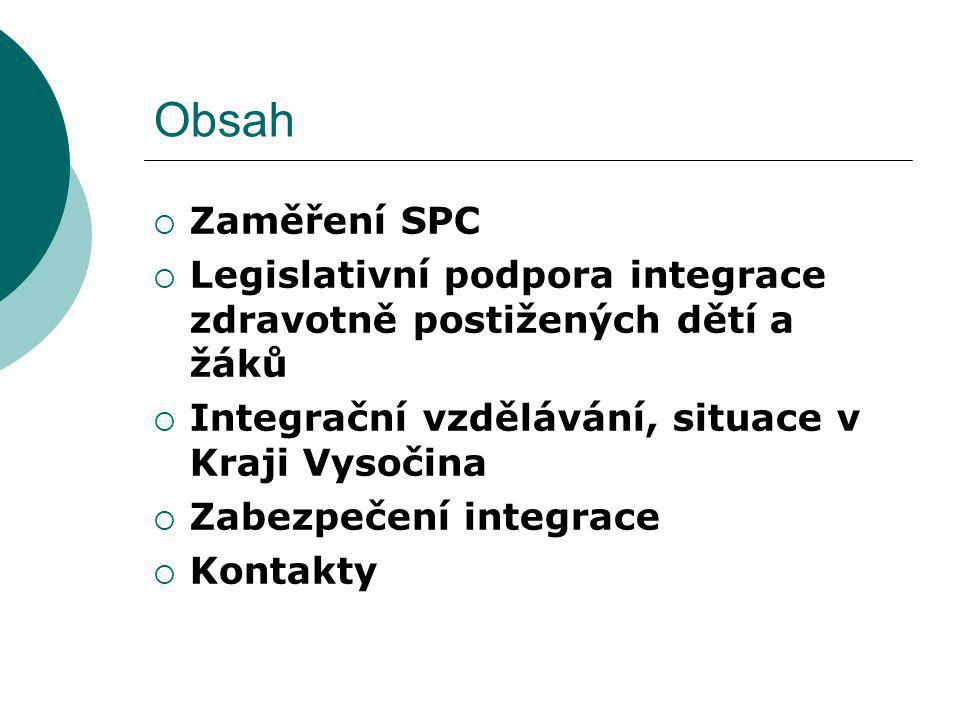 Obsah Zaměření SPC. Legislativní podpora integrace zdravotně postižených dětí a žáků. Integrační vzdělávání, situace v Kraji Vysočina.